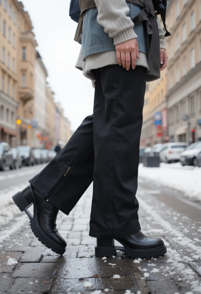 Chunky Chelsea boots styled with wide-leg trousers — bold Stockholm winter footwear trend.