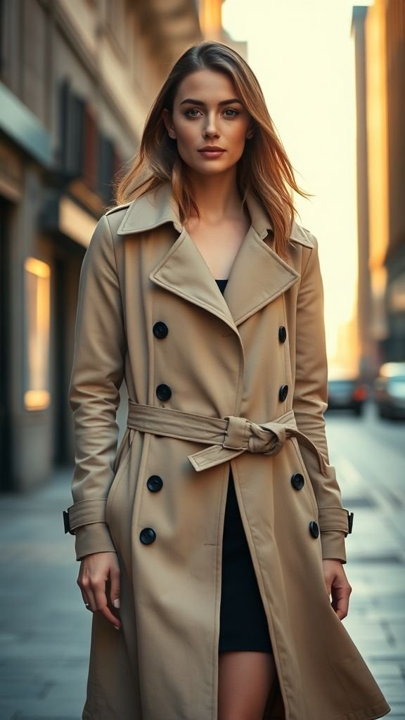 business casual outfits 11 Woman in beige trench coat walking confidently in an urban setting, symbolizing statement outerwear style.