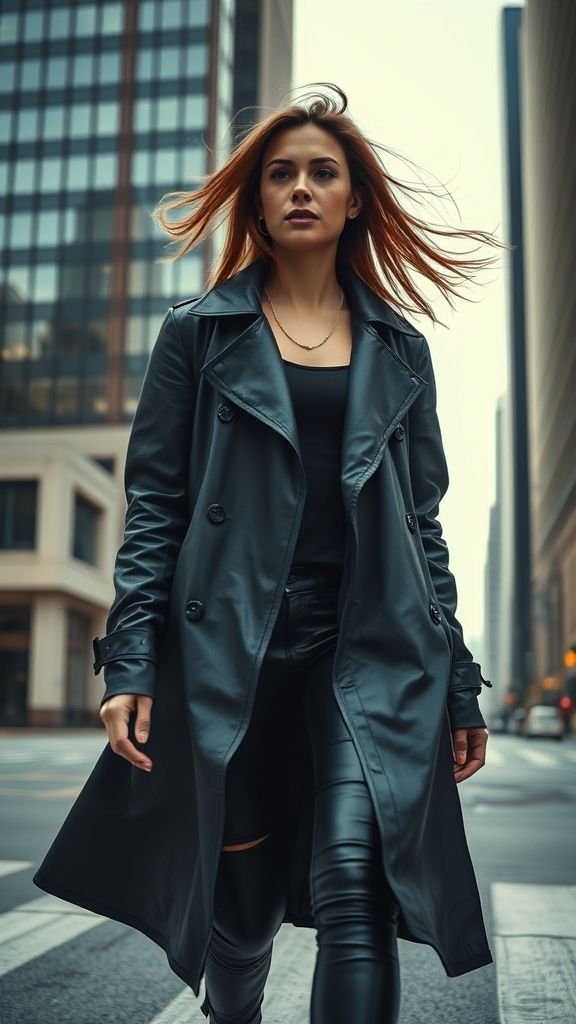 Street Style 2025: The New Era of Effortless Fashion 5 Woman in oversized leather trench coat walking across a city street, representing statement outerwear in 2025 fashion.