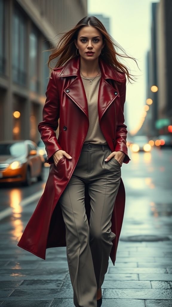 Street Style 2025: Bold Trends to Watch 6 Woman in red leather trench coat walking confidently through a city street, highlighting 2025’s statement outerwear trend.