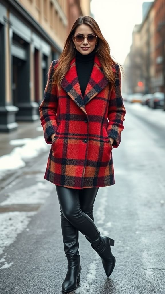 Winter Fashion Inspo: Stylish Cold-Weather Outfits for 2025 5 Woman in plaid coat and leather pants making a statement with bold outerwear.