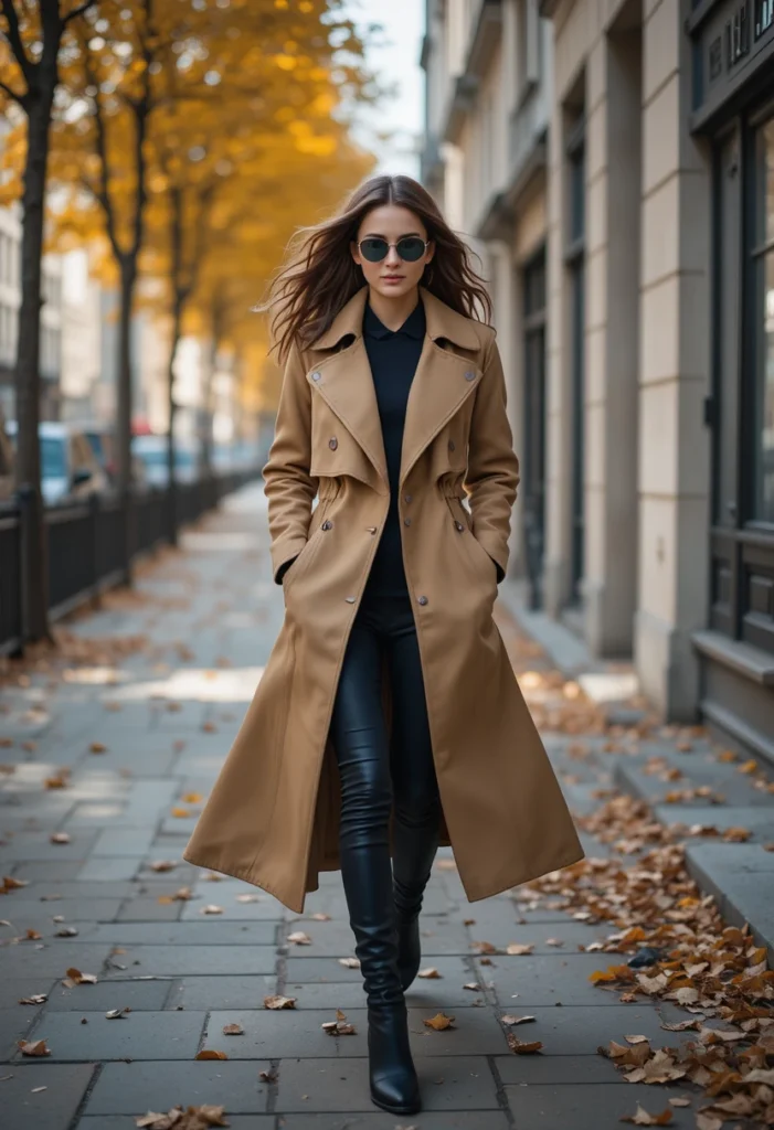 Fall Outfits Ideas For Cool Weather Style 5 Woman in camel trench coat and black boots showcasing elegant fall outerwear.