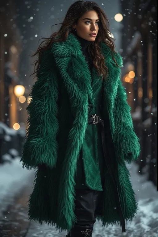 10+Winter Fashion Inspo Outfits Ideas 10 Elegant winter outfit with emerald faux fur coat and black boots — glamorous outerwear for the season.