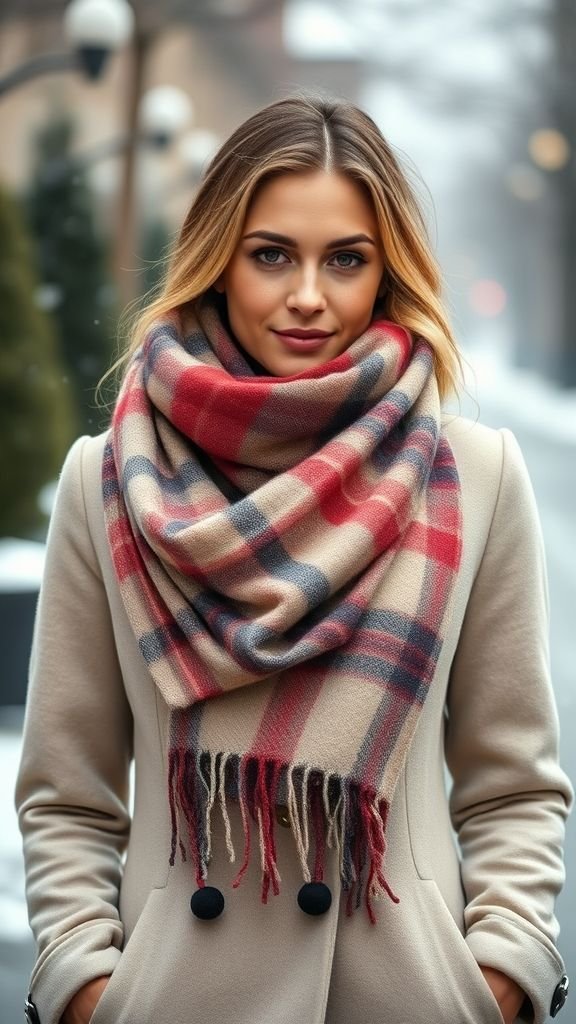 Winter Fashion Inspo: Chic Looks to Stay Warm 8 Woman in plaid scarf and coat showing statement winter accessory style.