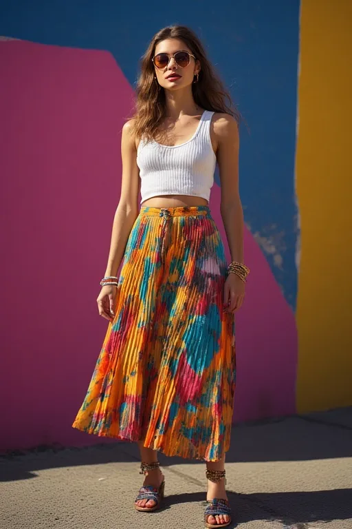 Stylish woman in pleated skirt and simple tank showcasing chic summer style.