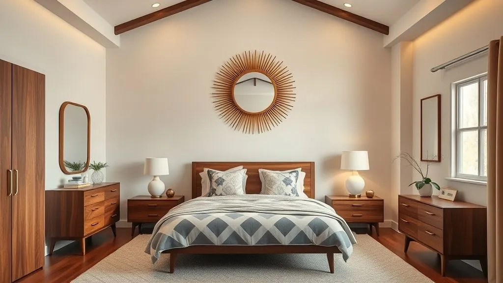 Stylish Mid-Century Modern Bedroom Ideas 14 Mid-century bedroom with sunburst mirror and wooden furniture.