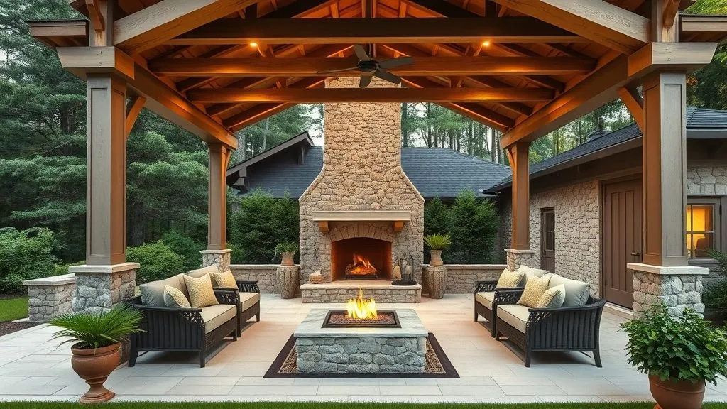 20 Cottage House Ideas You Will Love 4 Full 16:9 exterior view of a cottage with a large stone outdoor fireplace, pergola, and modern seating on a patio.