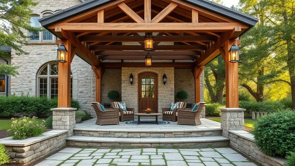 20 Cottage House Ideas You Will Love 5 Full 16:9 exterior view of a large stone cottage with a flagstone patio covered by a wooden pergola.