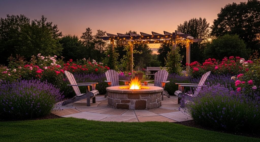 16 Creative DIY Ideas for a Modern Home Garden 17 Stone fire pit with wooden chairs and colorful flowers in a cozy garden.