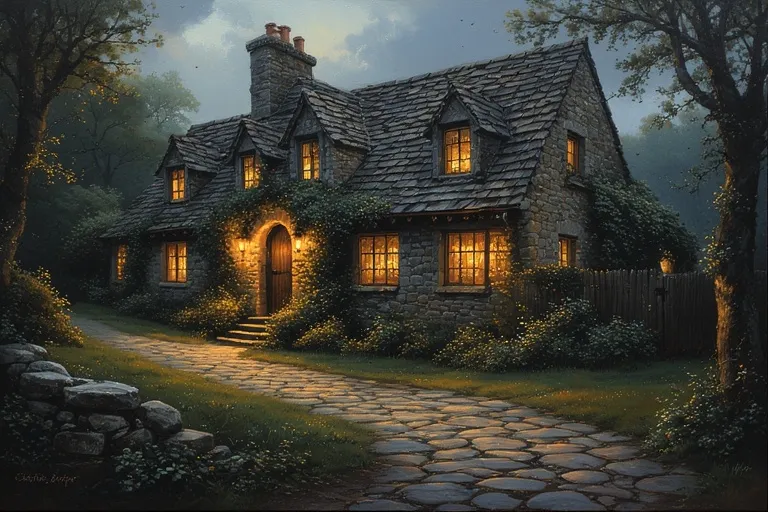 20 Cottage House Ideas You Will Love 17 Full 16:9 night view of stone pathway cottage with lantern lighting.