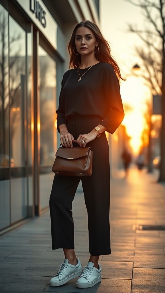 Street Style 2025: The New Era of Effortless Fashion 9 Woman in sleek black streetwear with designer sneakers and gold jewelry symbolizing the luxury streetwear fusion of 2025.