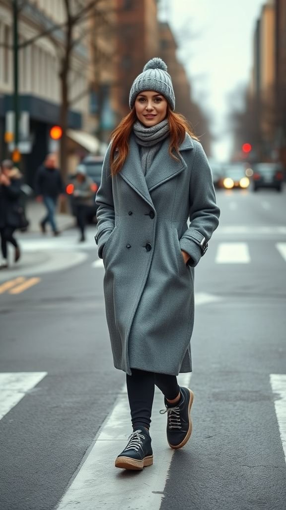 Winter Fashion Inspo: Chic Looks to Stay Warm 13 Woman in oversized coat and sneakers showing relaxed urban winter street style.