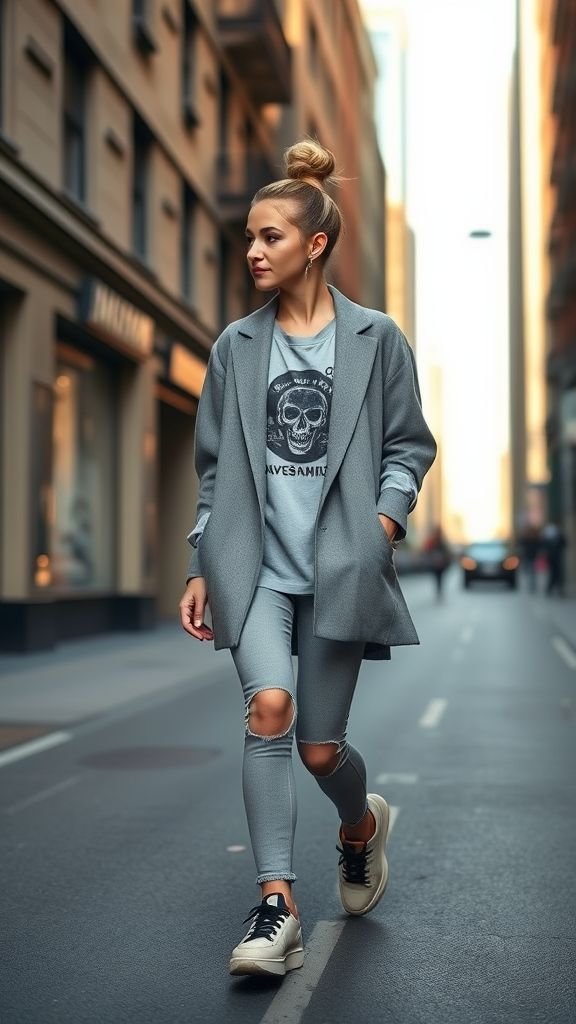 Stylish woman in oversized blazer and sneakers showing off bold street style.
