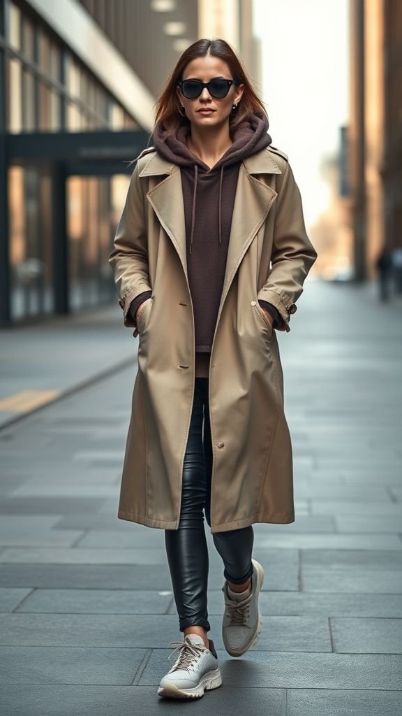 Winter Fashion Inspo: Stylish Cold-Weather Outfits for 2025 8 Fashion-forward woman in hoodie and trench coat for edgy winter street style.