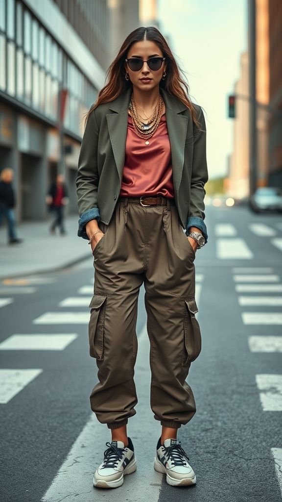 Outfit Ideas: Chic Looks for Every Season and Occasion 6 Street style outfit mixing cargo pants, cropped blazer, sneakers, and denim jacket