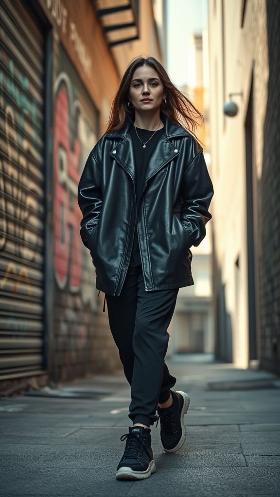 All Black Outfit: Timeless Sophistication in Every Style 5 Woman in all-black streetwear with leather jacket and sneakers, walking confidently through a city street.