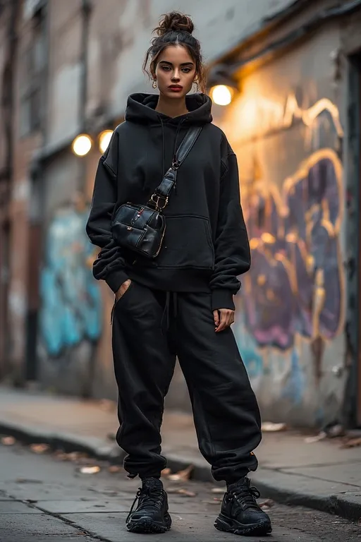 All-black street style outfit with joggers, hoodie, and bomber jacket for an edgy urban vibe.