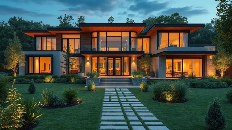 A stunning modern house exterior with glass walls, wooden accents, and soft golden lighting surrounded by lush greenery and elegant landscaping at sunset.