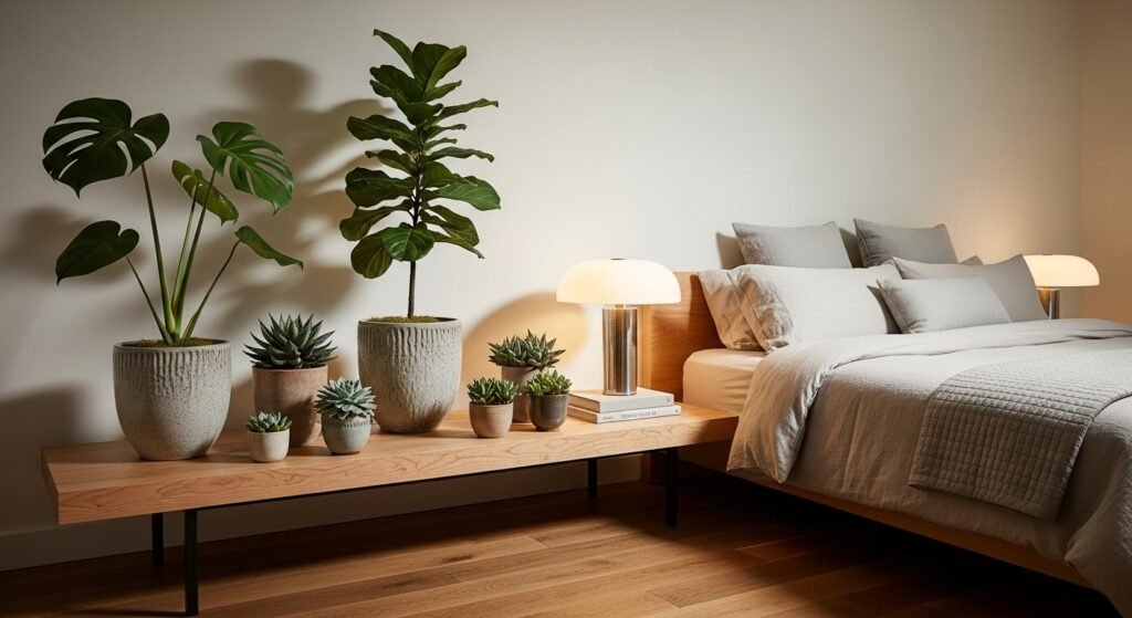 Modern Plant Lover Bedroom Ideas for a Serene Escape 13 Bedroom design mixing tall and small plants for visual balance and texture.