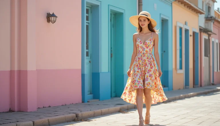 Woman in a floral sundress and straw hat enjoying a sunny day, showcasing cute summer outfit ideas full of light and color.