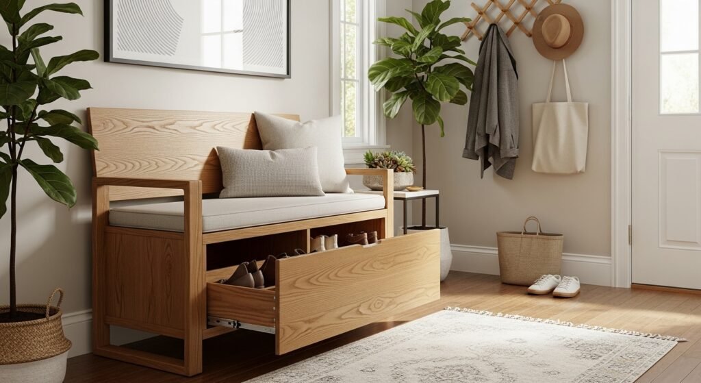 Shoe Storage Ideas for Stylish and Organized Homes 5 Wooden entryway bench with hidden shoe drawers beneath in a modern hallway.