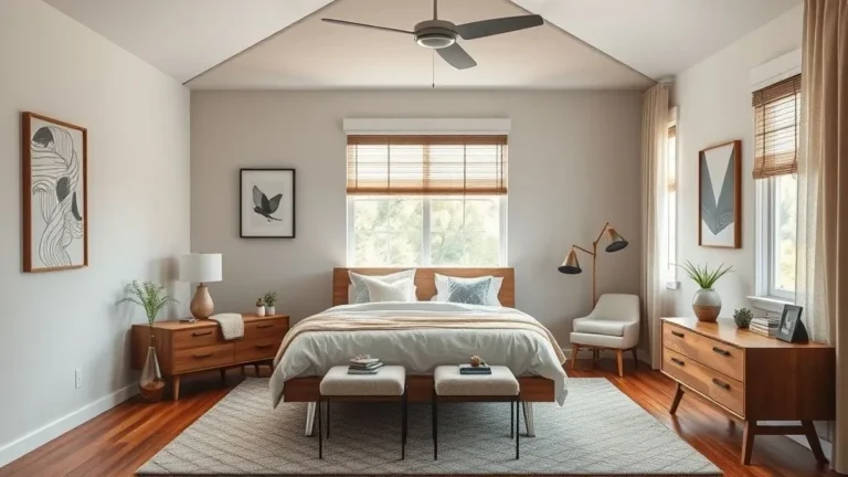 Stylish mid-century modern bedroom with wooden furniture, retro lighting, and minimalist décor.