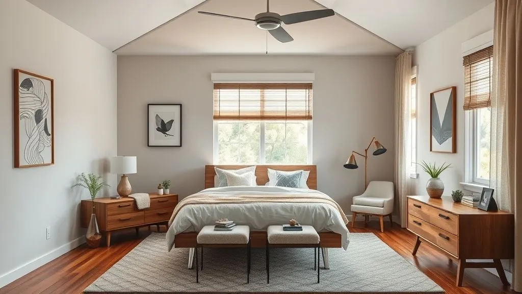 Stylish mid-century modern bedroom with wooden furniture, retro lighting, and minimalist décor.