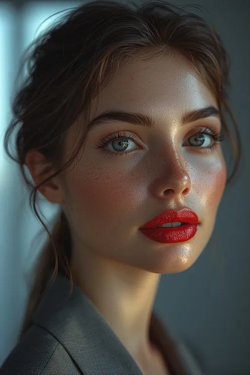 Beauty close-up of a professional woman with sleek low ponytail, neutral makeup, and soft red lipstick. Warm lighting enhances her natural glow and confidence.
