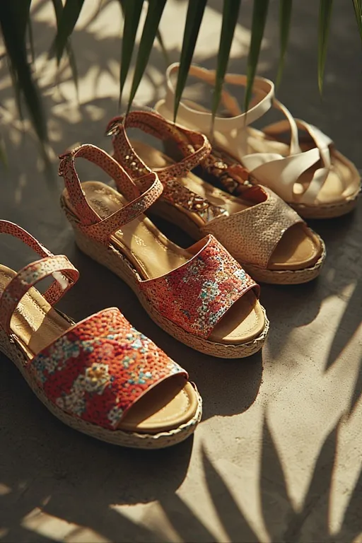 10+Stylish Cute Outfits Summer Fashion Ideas 11 Three pairs of summer shoes — espadrilles, sandals, and slides — arranged stylishly under sunlight.