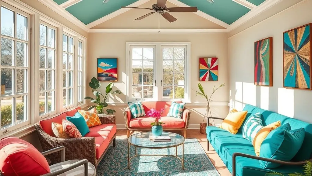 Bright & Cozy Sunroom Ideas 17 Colorful sunroom with bright cushions, artwork, and natural light.