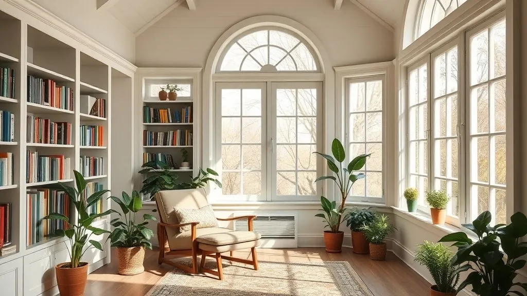 Bright & Cozy Sunroom Ideas 14 Sunroom reading nook with bookshelves, armchair, and natural light.