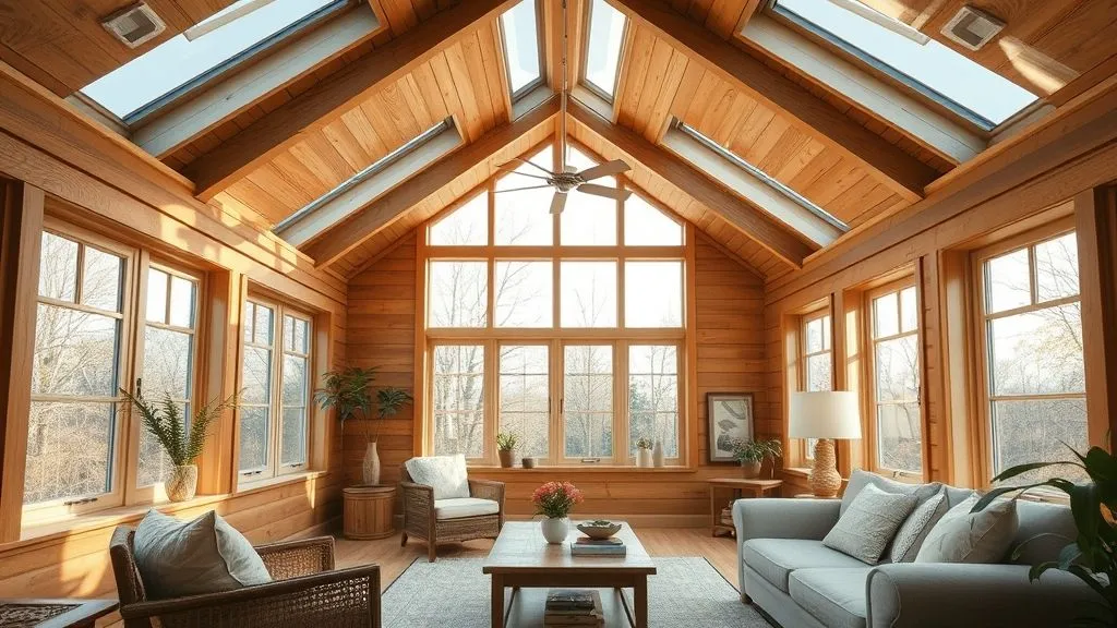 Bright & Cozy Sunroom Ideas 13 Sunroom with skylights, wood details, and bright neutral décor.