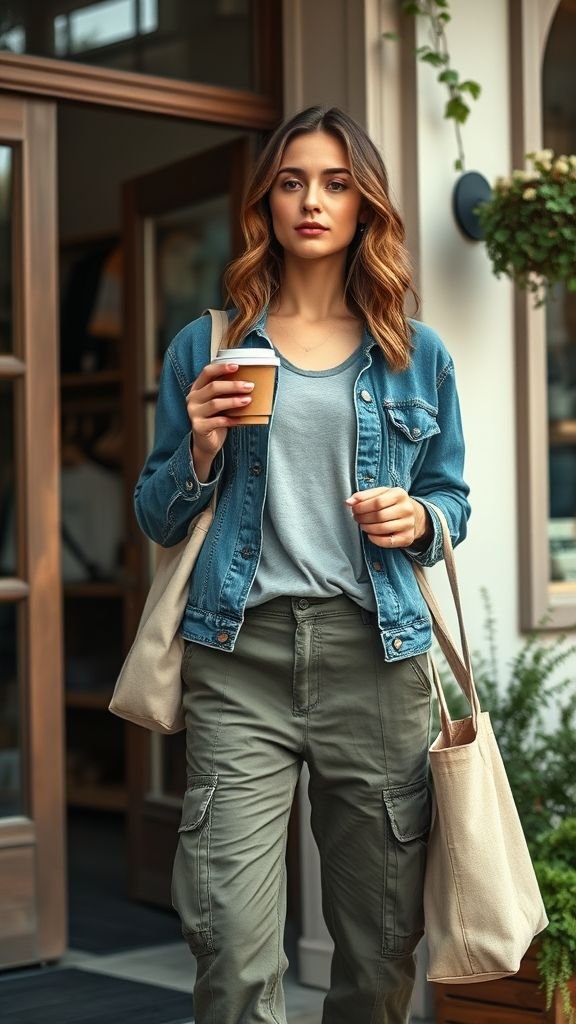 Street Style 2025: Bold Trends to Watch 5 Woman in thrifted denim and recycled cargo pants with reusable tote, symbolizing sustainable street fashion in 2025.