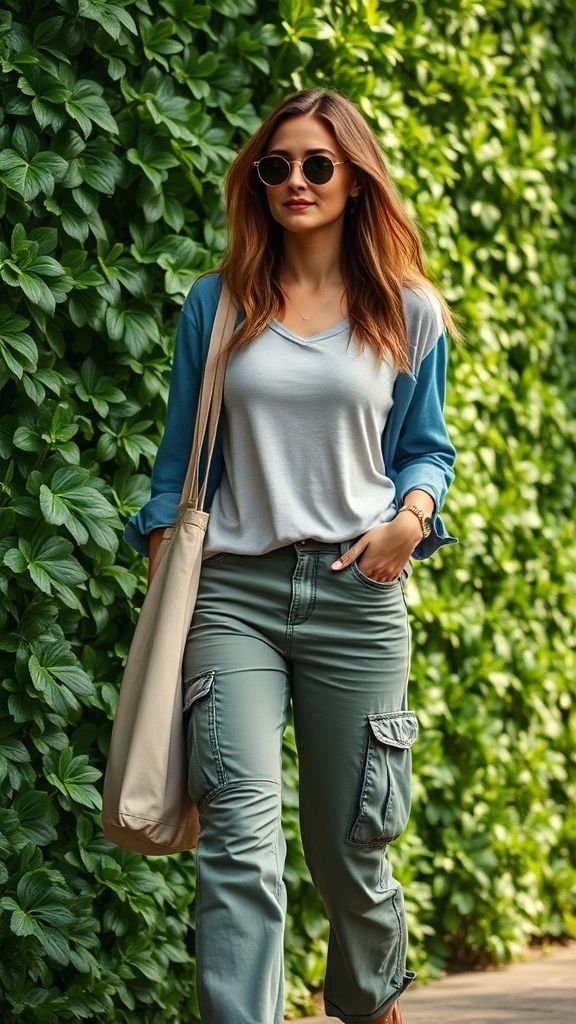 Street Style 2025: The New Era of Effortless Fashion 4 Woman in thrifted denim and upcycled cargo pants walking beside a green wall, symbolizing eco-friendly streetwear.