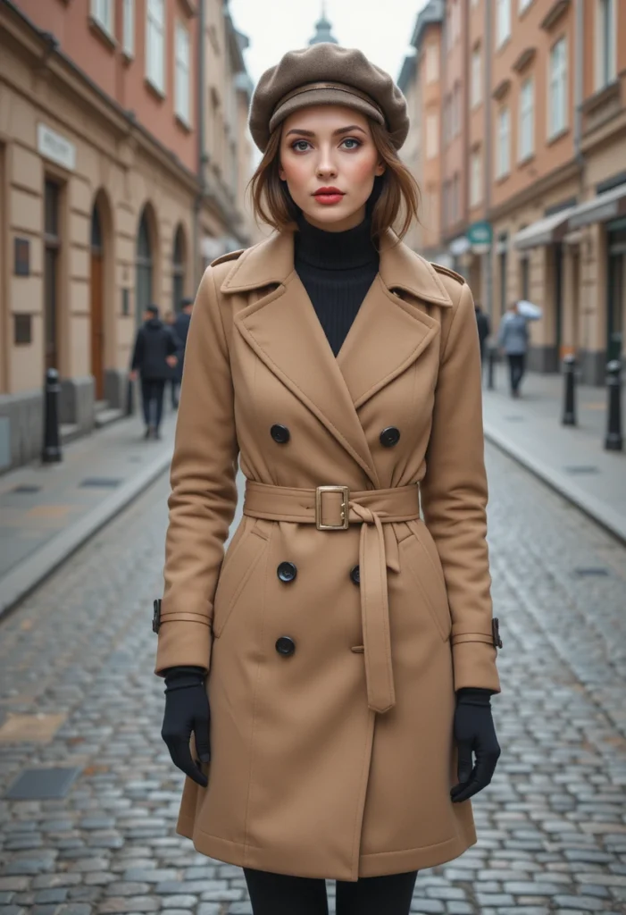 Chic Stockholm woman wearing a tailored camel trench coat with a belted waist and wool beret in a winter city scene.