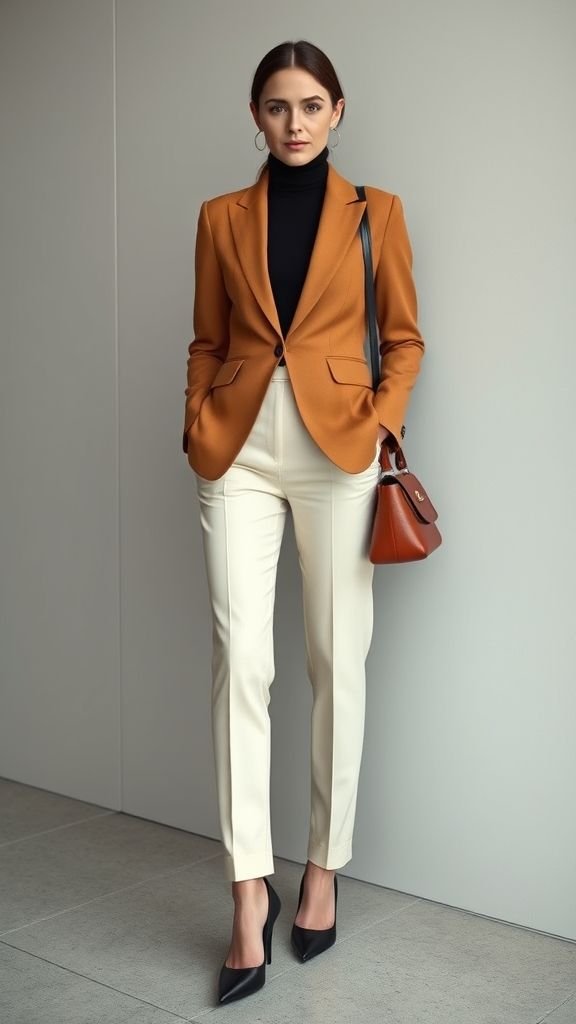 Effortless Neutral Outfits Ideas 5 Camel blazer styled with ivory trousers and black turtleneck for neutral workwear look.