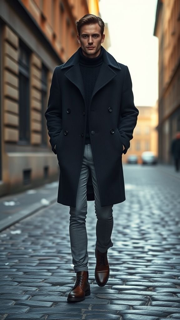 Stockholm Style: Effortless Scandinavian Fashion Defined 3 Oversized navy wool coat styled with tailored trousers and boots in Stockholm.