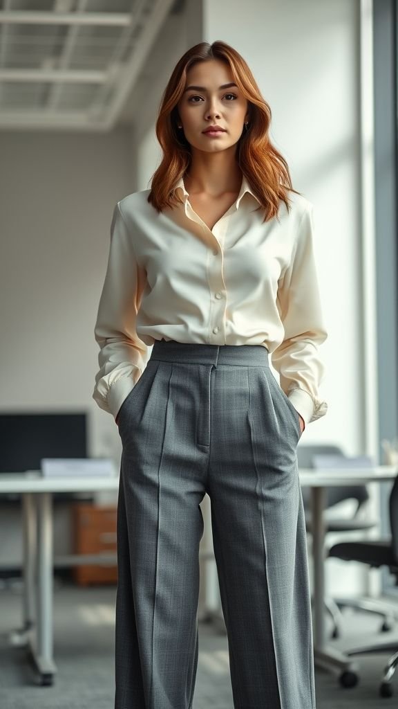 business casual outfits 3 Professional woman in tailored gray trousers and white blouse, representing modern everyday business casual style.