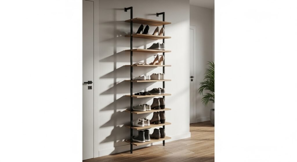 Shoe Storage Ideas for Stylish and Organized Homes 2 Tall vertical shoe rack with black metal frame and wooden shelves displaying shoes in a bright hallway.