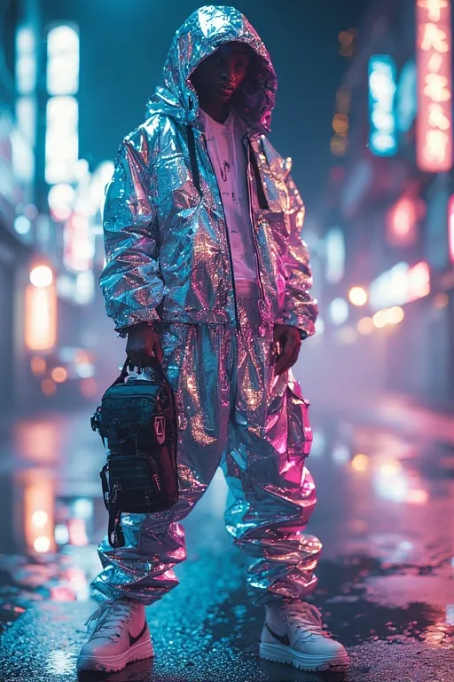 Techcore-inspired Y2K outfit with reflective jacket and silver pants under neon urban lights.