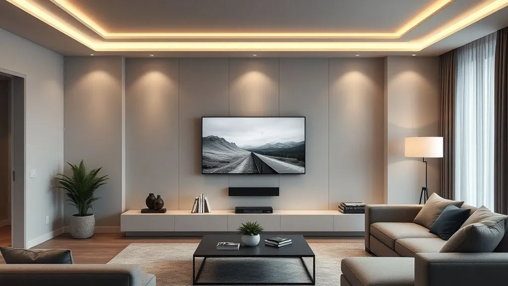 Modern Living Room Ideas for Every Style 6 Modern living room with wall-mounted TV, hidden storage, sleek media wall, and integrated smart technology.