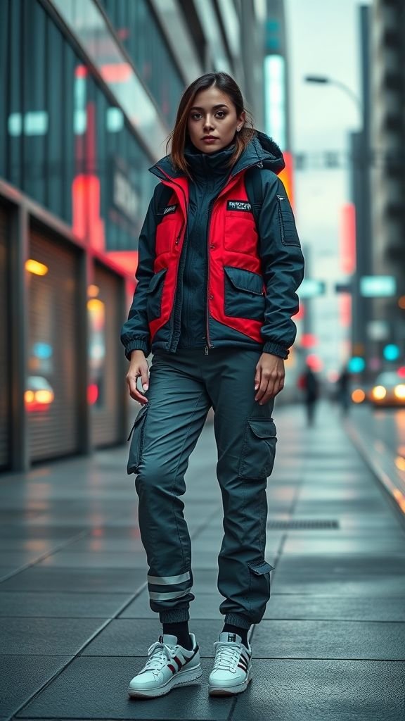 Street Style 2025: Bold Trends to Watch 8 Woman in futuristic techwear with multifunctional vest and cargo pants showcasing tech-inspired fashion trends of 2025.