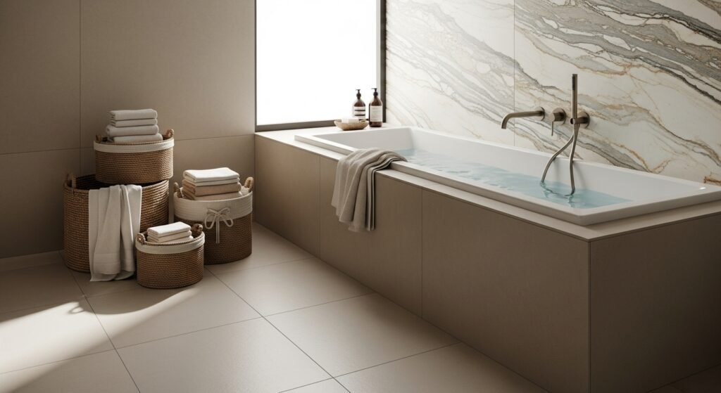 Luxury Bathroom & Shower Design Ideas 6 Modern bathroom design highlighting textured walls, tiles, and natural materials.