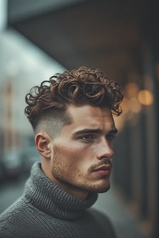 Man with textured curly fade haircut featuring defined curls and tapered sides for a clean, modern style