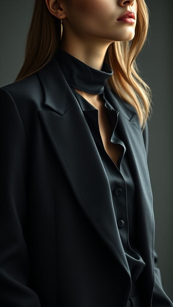 All Black Outfit: Timeless Sophistication in Every Style 6 Close-up of a woman in an all-black outfit combining wool, silk, and leather, highlighting rich textures and modern elegance.