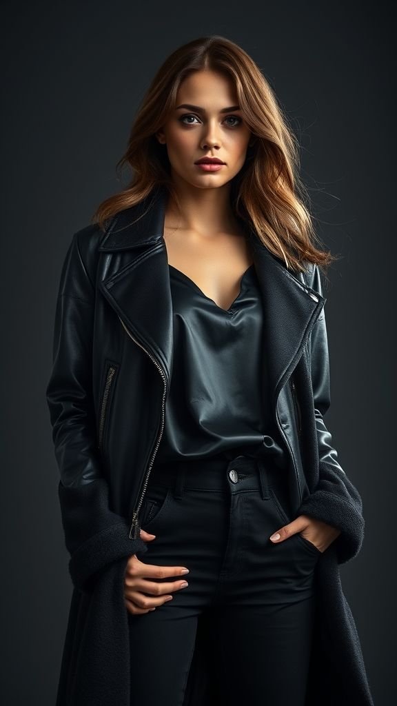 Elegant All Black Outfit Trends 8 All-black textured outfit mixing leather, satin, denim, and wool fabrics