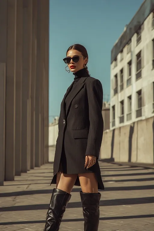 Chic all-black blazer outfit paired with turtleneck and mini skirt for structured street elegance.
