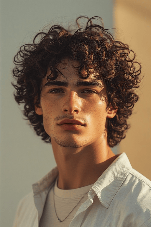 Trendy-Curly-Haircuts-For-Men 2 Confident man with natural curly hair showing volume and shine under sunlight.
