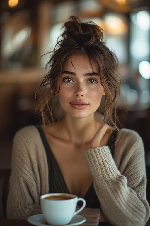 Minter style looks hairstyles trendy ideas 5 Woman with a messy bun enjoying coffee indoors, highlighting a cozy and casual winter hairstyle.