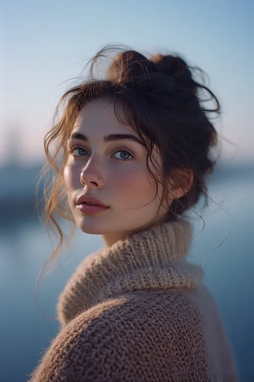 Woman with relaxed messy bun and soft face-framing strands for an effortless look.